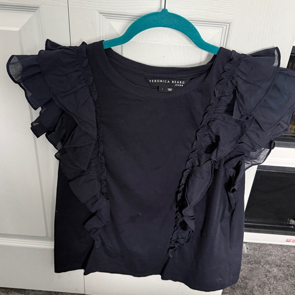 Veronica Beard cotton ruffled‎ tee navy large
